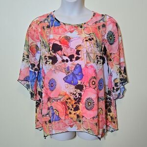 Ali Miles Watercolor Flowy Top‎ M Sheer Fairy Artisan Butterfly Wearable Art